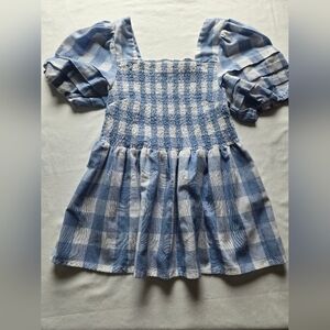 Grace + Karma Top Womens s Blue Peplum Smocked Puff Sleeve Buffalo Striped